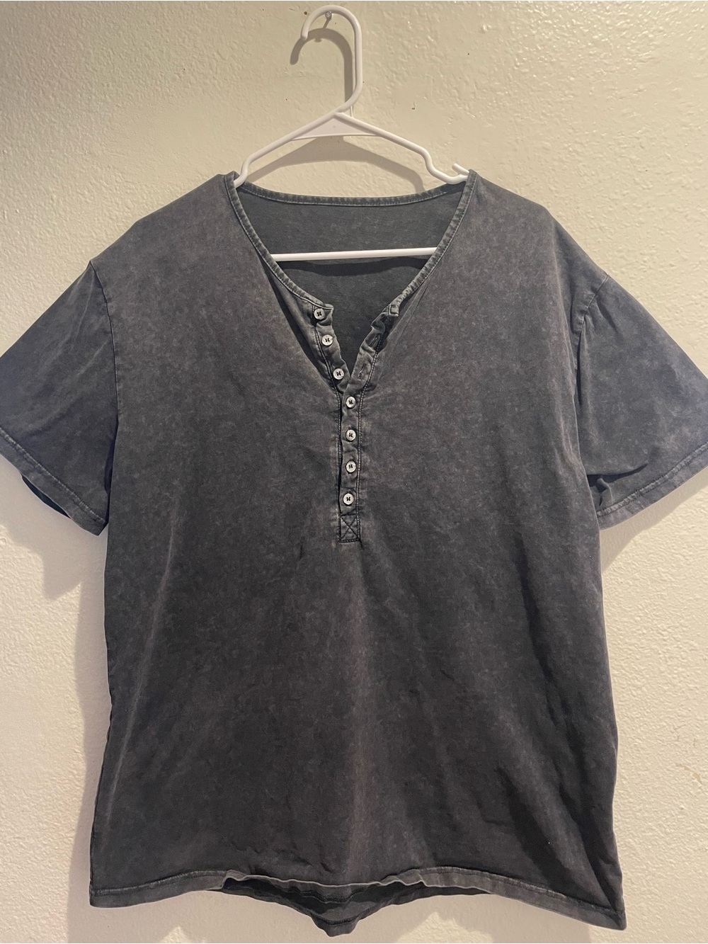 🔥 Beotyshow Acid Washed Henley Gray Button Tee Short Sleeve Cotton XL  🔥